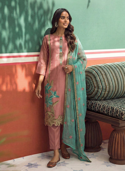 Pink Firozi Floral Embroidered Straight Cut Suit