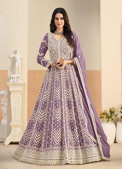 Purple Thread Embroidered Anarkali Gown