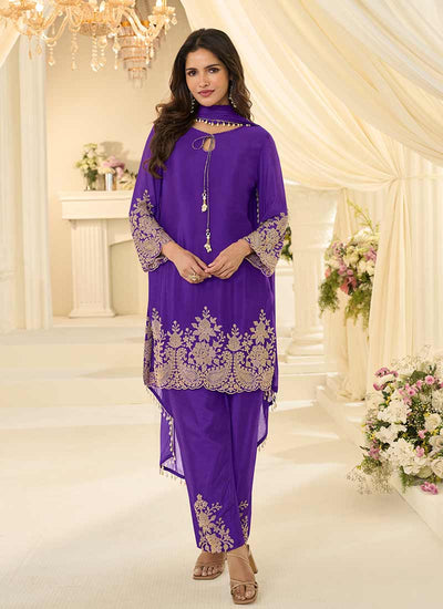 Purple Embroidered Pakistani Pant Style Suit