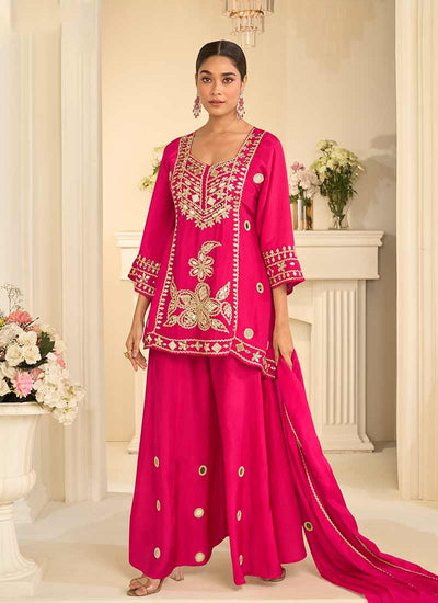 Rani Pink Mirror Embroidery Sharara Style Suit