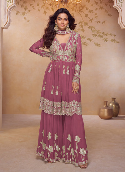 Rose Pink Embroidered Gharara Style Suit