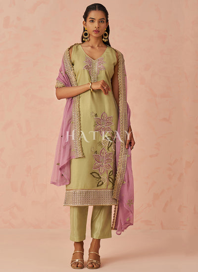 Green And Pink Embroidery Salwar Kameez Suit