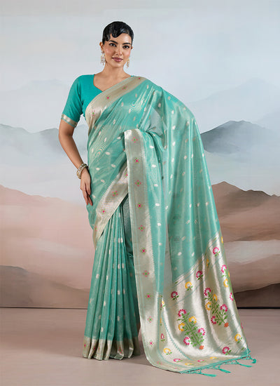 Turquoise Floral Handloom Silk Saree