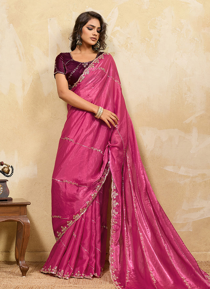 Magenta Embroidered Satin Saree