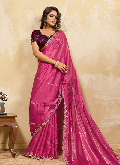 Magenta Embroidered Satin Saree