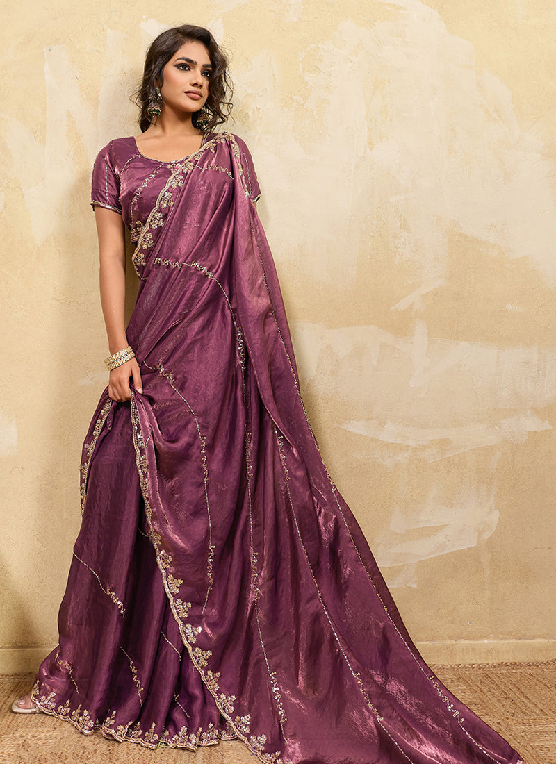 Wine Embroidered Satin Saree