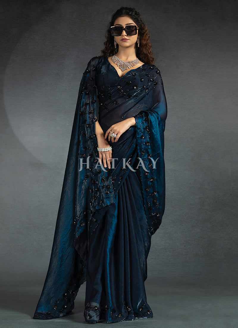 Peacock Blue Embroidered Satin Silk Saree