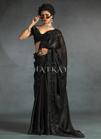Midnight Black Embroidered Satin Silk Saree