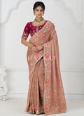 Peach Multi Embroidery Wedding Silk Saree