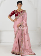 Pink And Red Multi Embroidery Wedding Silk Saree
