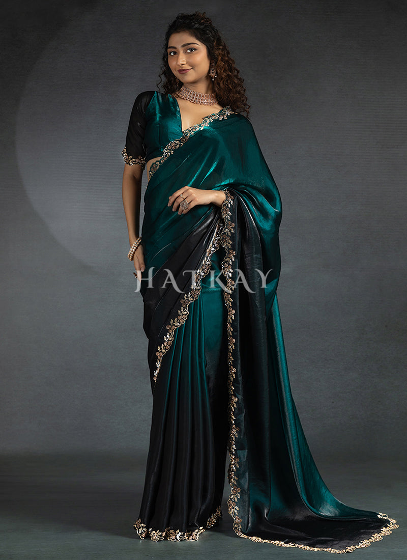 Green Ombré Embroidered Satin Silk Saree