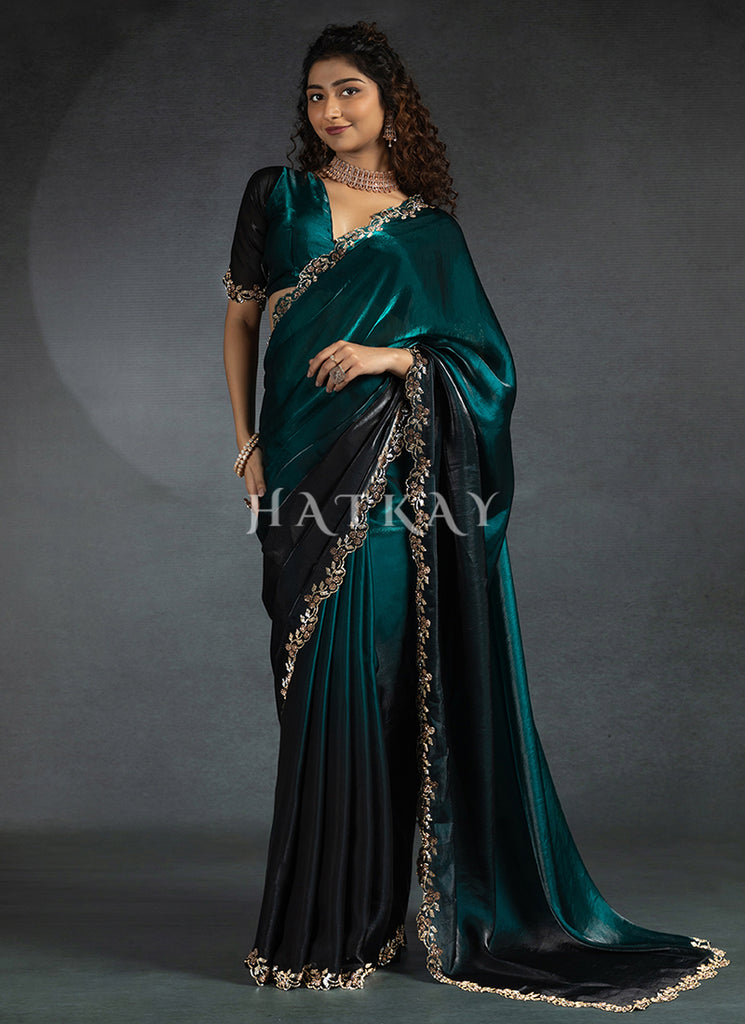 Green Ombré Embroidered Satin Silk Saree