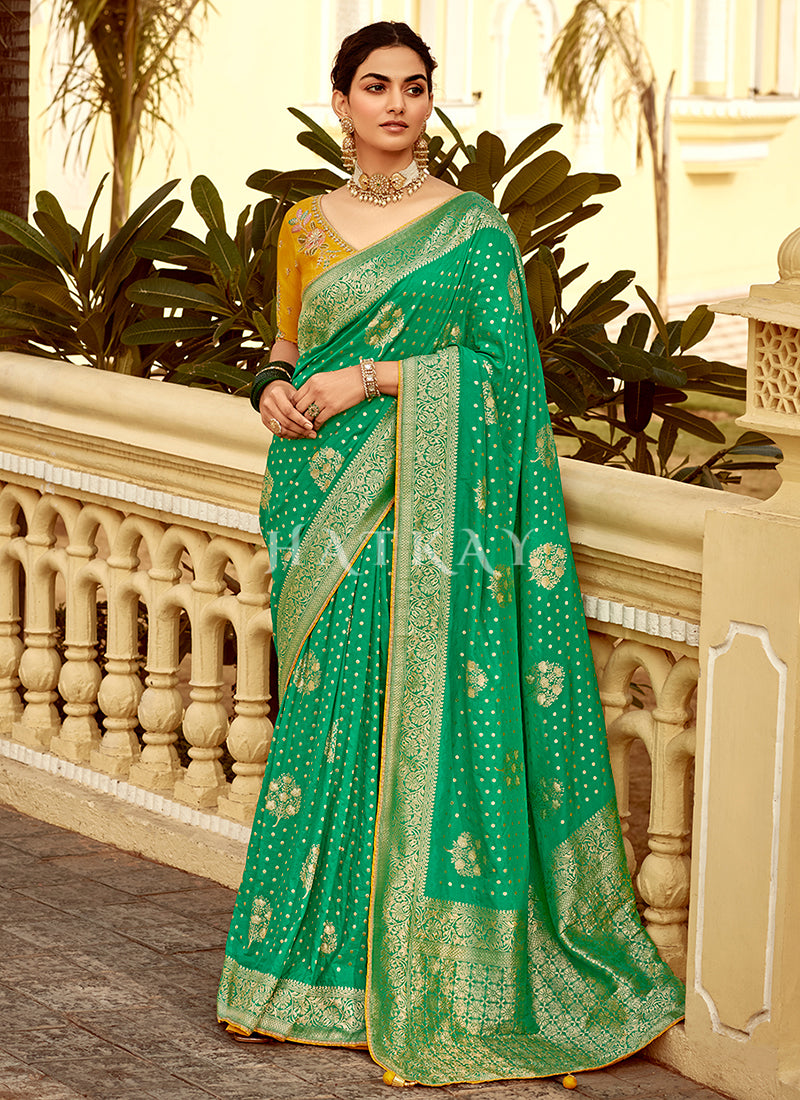 Green And Yellow Embroidered Wedding Silk Saree