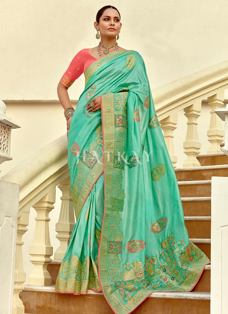 Sea Green And Peach Embroidered Silk Saree