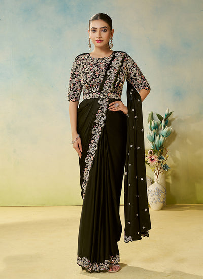 Jet Black Handwork Embroidery Silk Saree