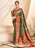 Olive Green And Red Handloom Woven Silk Saree