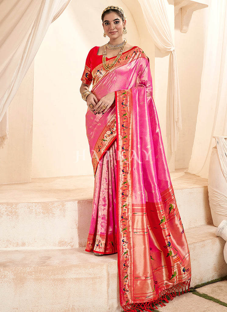 Hot Pink And Red Handloom Woven Silk Saree