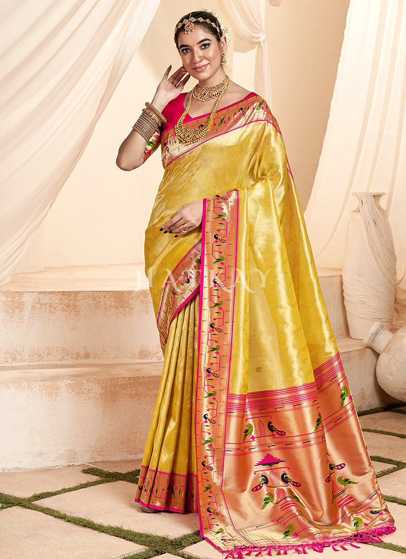 Yellow And Pink Handloom Woven Silk Saree