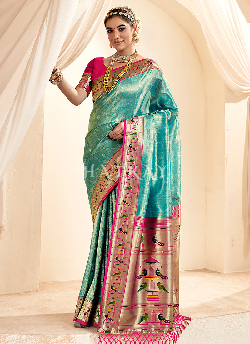 Turquoise And Pink Handloom Woven Silk Saree