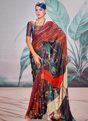 Red Multicolored Digital Printed Crape Silk Saree