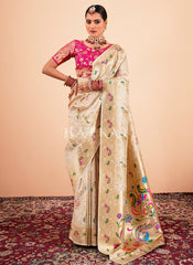 Cream And Pink Handloom Woven Silk Saree