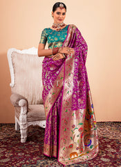Wine And Teal Handloom Woven Silk Saree
