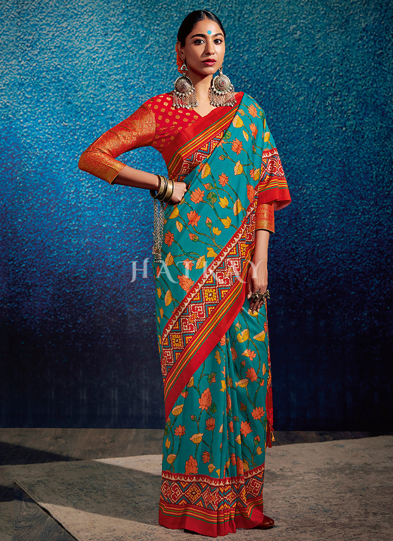 Blue And Red Embroidered Wedding Silk Saree
