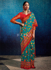 Blue And Red Embroidered Wedding Silk Saree