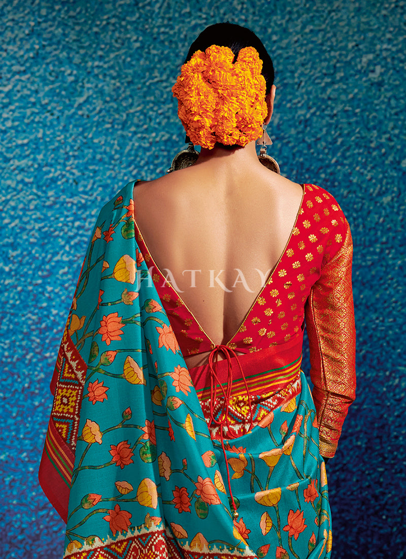 Blue And Red Embroidered Wedding Silk Saree