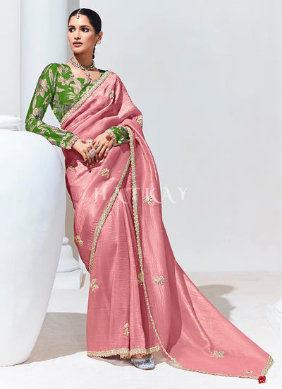 Pink And Green Embroidered Organza Silk Saree