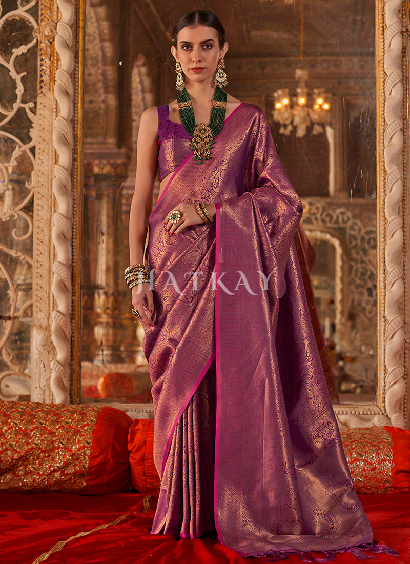 Wine Handloom Weaved Silk Saree