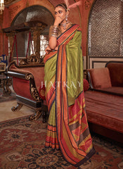 Lime Red Traditional Silk Saree