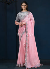 Pink And Silver Embroidery Silk Saree