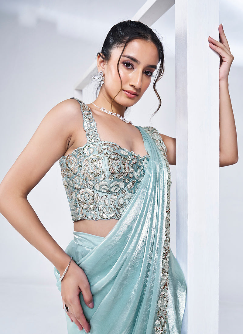 Sky Blue Embroidery Wedding Saree