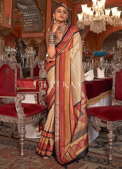 Beige Red Traditional Silk Saree