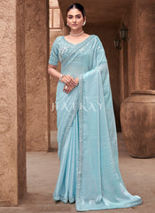 Sky Blue Handwork Embroidery Satin Silk Saree