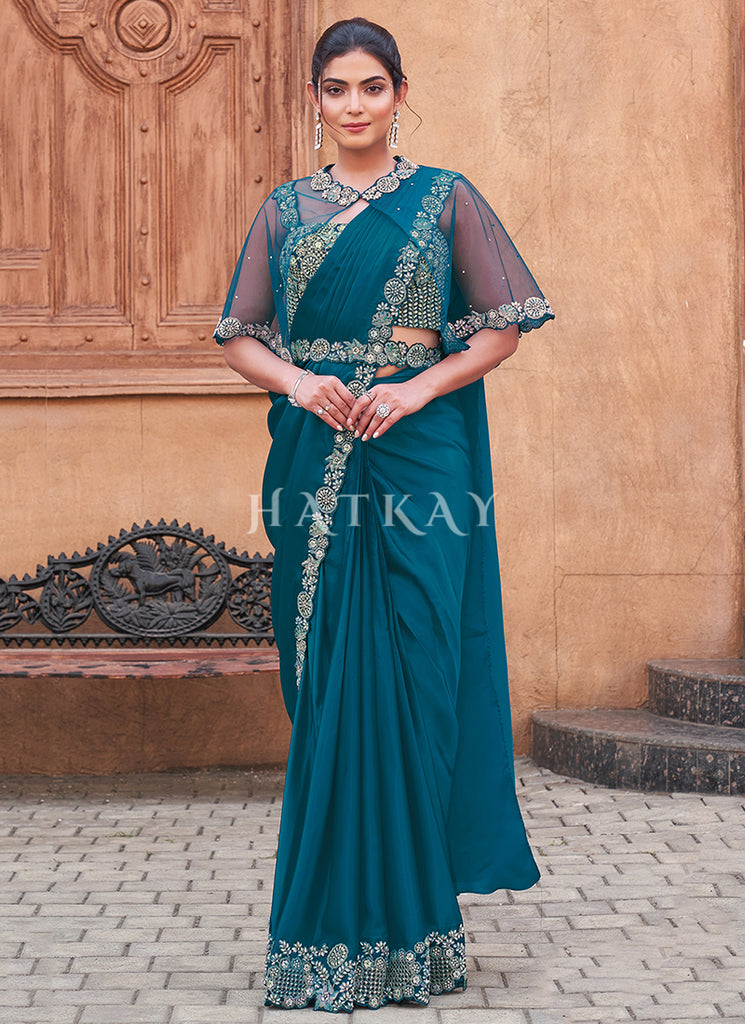 Turquoise Embroidery Wedding Saree