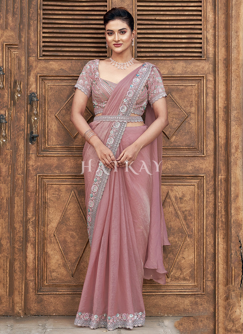 Rose Pink Embroidery Wedding Saree