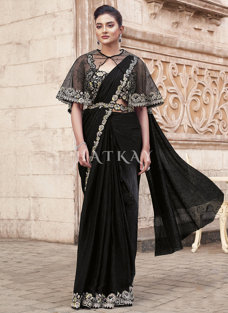 Black Multi Embroidery Wedding Saree
