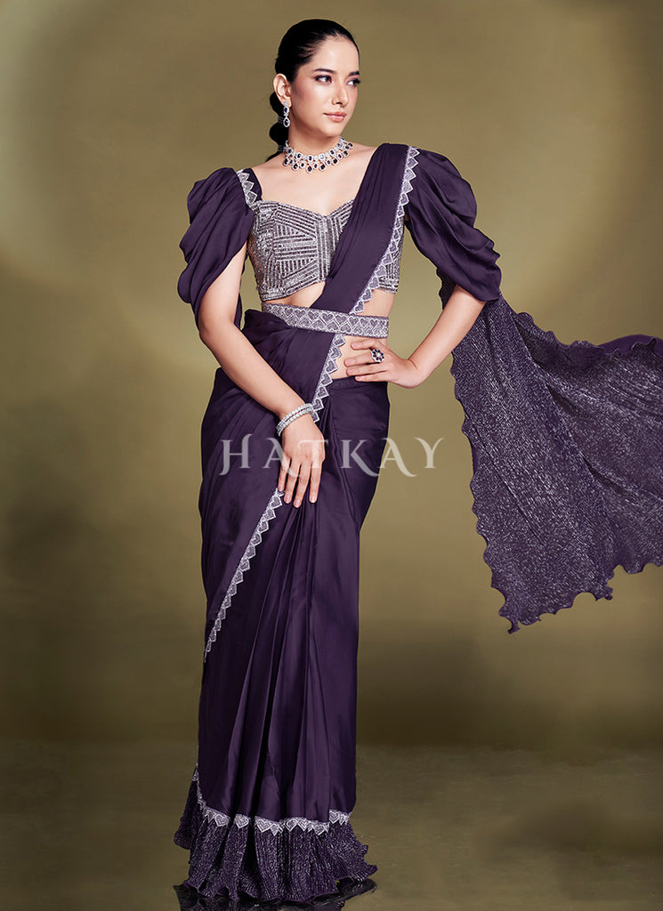 Deep Purple Embroidered Party Wear Saree