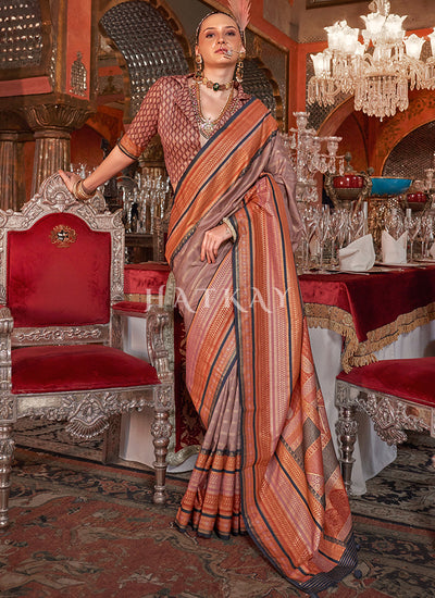 Brown Orange Traditional Silk Saree