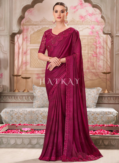 Magenta Pink Sequence Embroidery Traditional Wedding Saree
