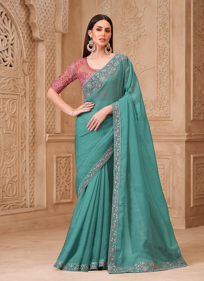 Sea Green and Pink Embroidered Georgette Saree