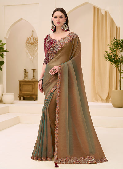 Olive Brown Designer Embroidery Saree