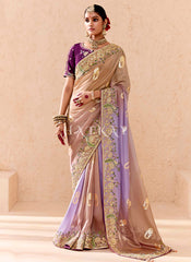 Beige Purple Ombre Embroidery Silk Saree