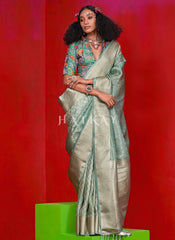 Sky Blue Zari Brocade Tissue Silk Saree