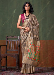 Brown And Wine Zari Brocade Woven Handloom Silk Saree