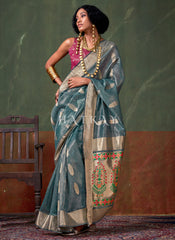Blue And Pink Zari Brocade Woven Handloom Silk Saree