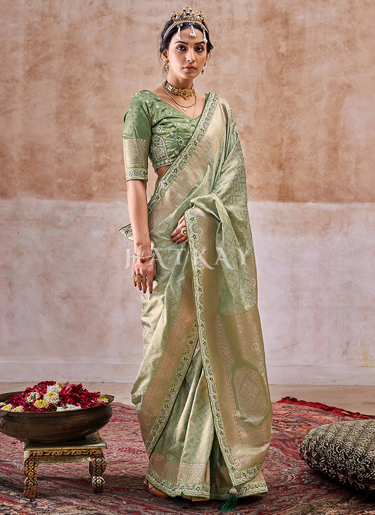 Light Green Embroidered Satin Silk Saree