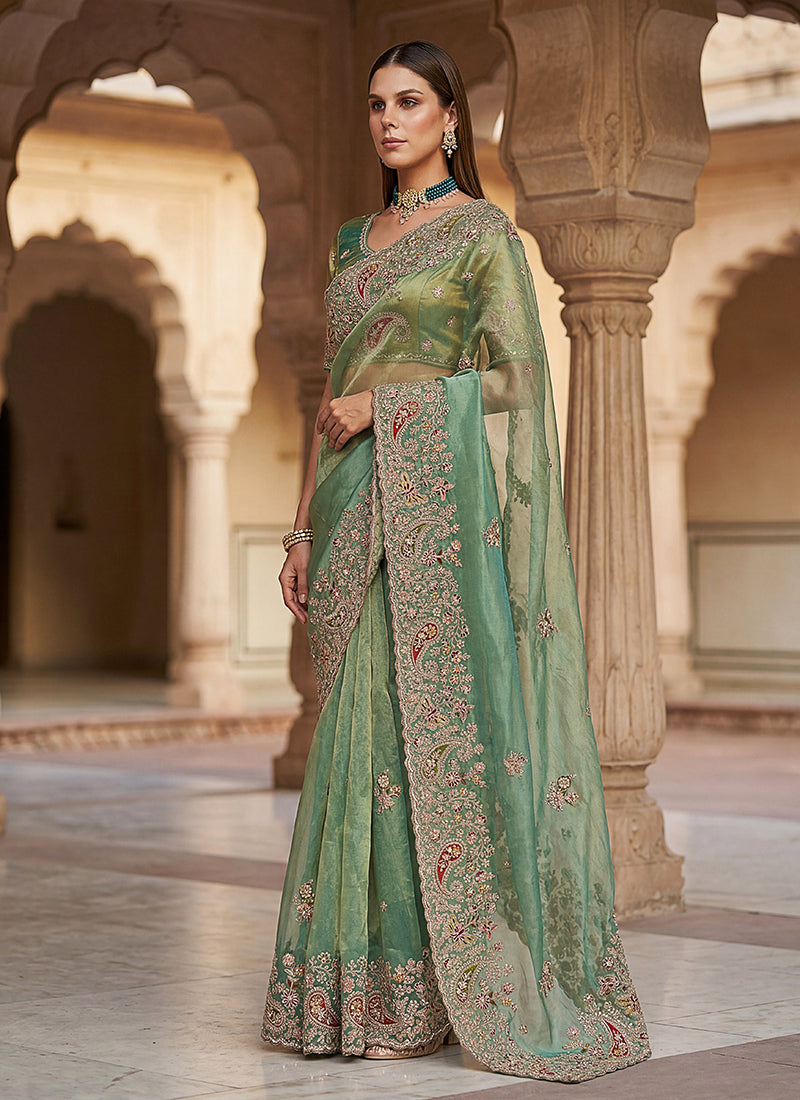 Buy Sea Green Mehendi Saree In UK